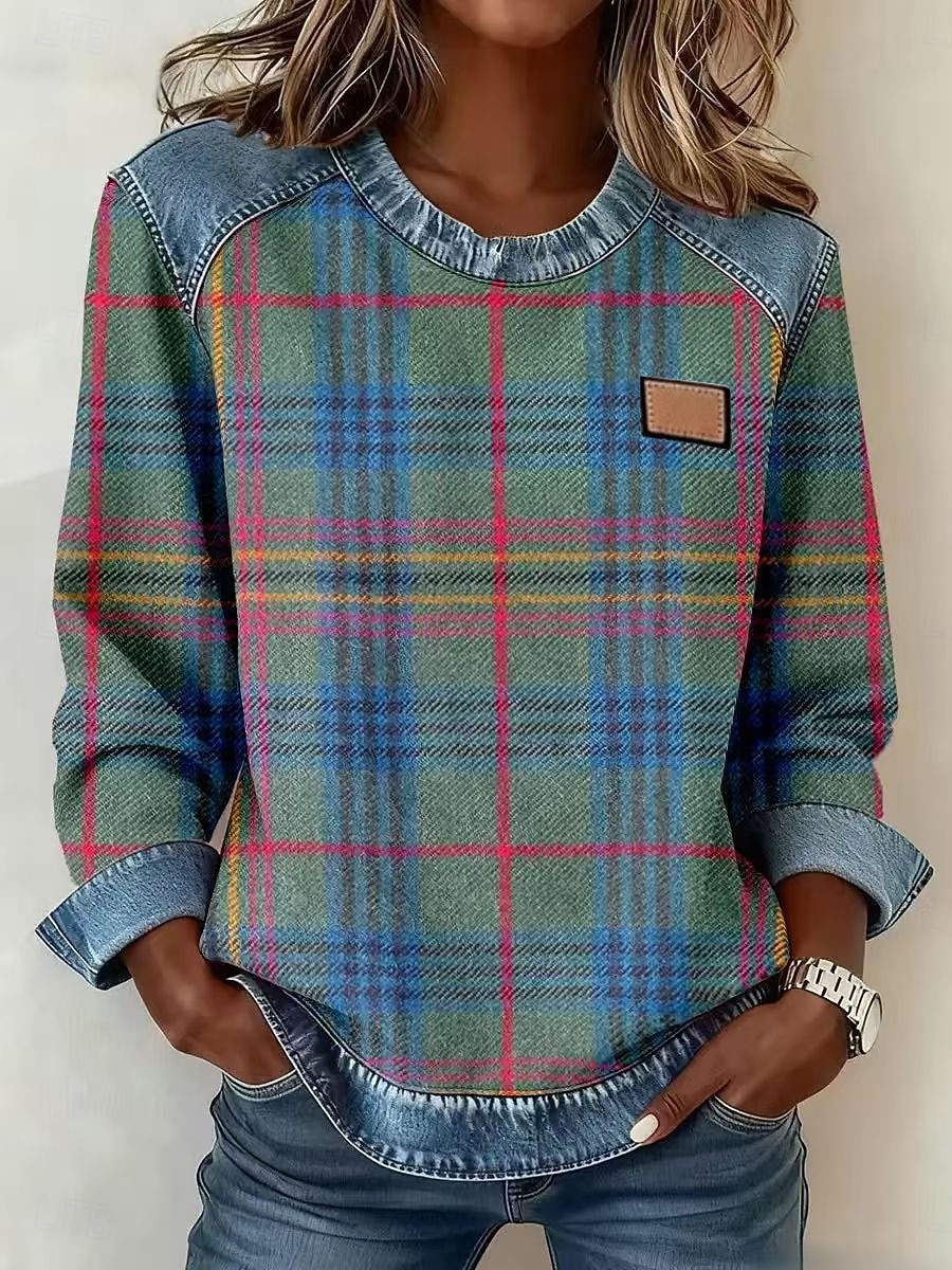 Dames Blouse Lapwerk Ruitjes Kleurenblok Elegant Vintage Stijlvol Lange mouw Strakke ronde hals Normale tops Dagelijks Feestdagen Uitgaan blauw Zwart Groen Rood / blauw Rose Roze Lente Herfst Winter 2026 - $43.99 –P4