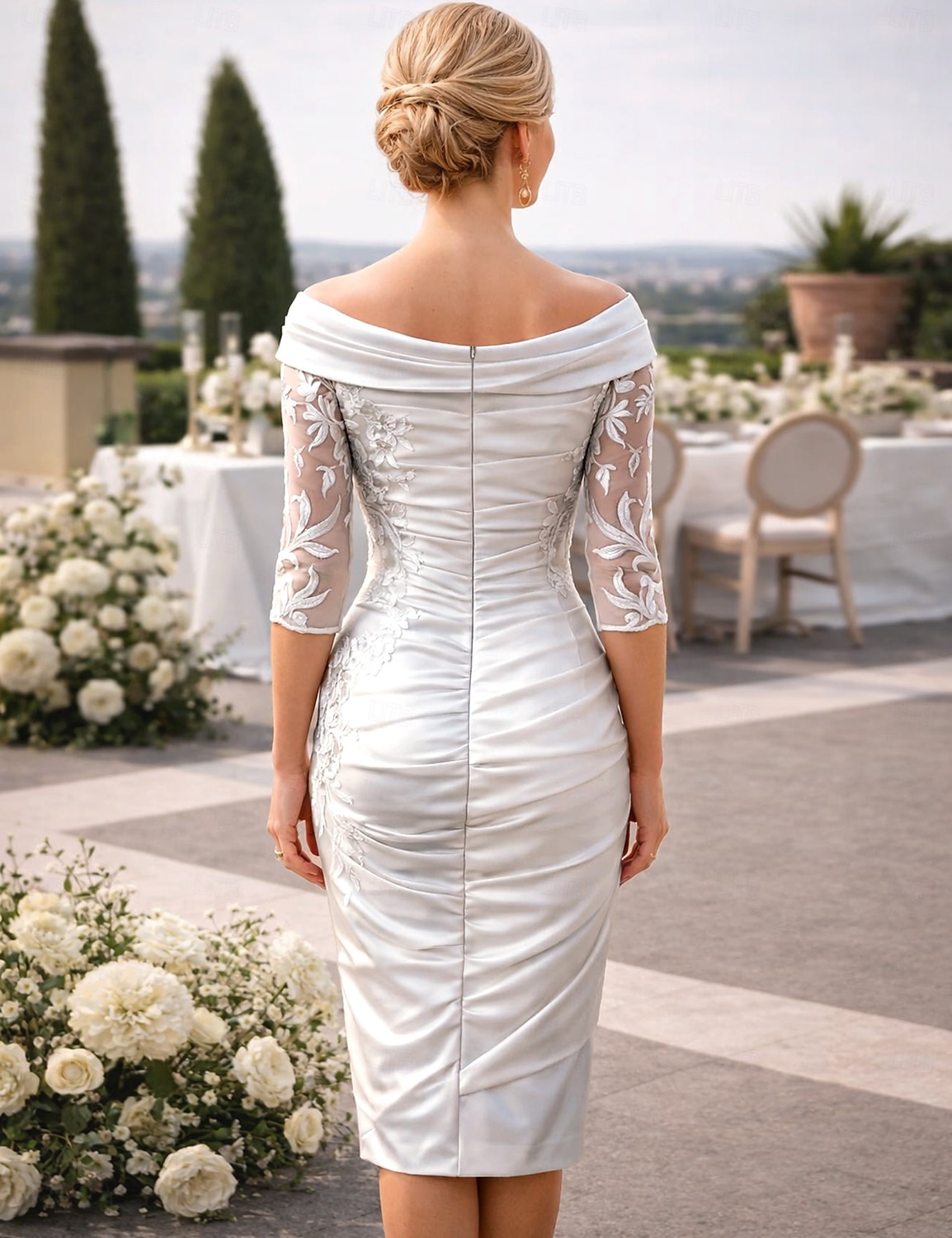 Funda Columna Hasta la Rodilla Vestido de Fiesta Vestido Cóctel Vestido Invitada Boda Vestido de Madrina Media Manga Hombros Caídos Elegante Invitado a la boda Fiesta de Boda Tafetán con Apliques 2026 - $183.99 –P4