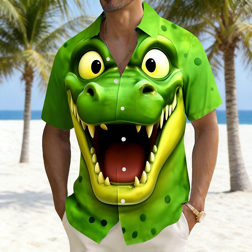 Hombre Caricatura Cocodrilo Gracioso Camisa Camisas hawaianas camisa hawaiana Manga Corta Hawaiano Vacaciones Festivos Verano Cuello Vuelto Impresión 3D Un bolsillo delantero Camisa tipo lino Verde 2026 - $25.99 –P1