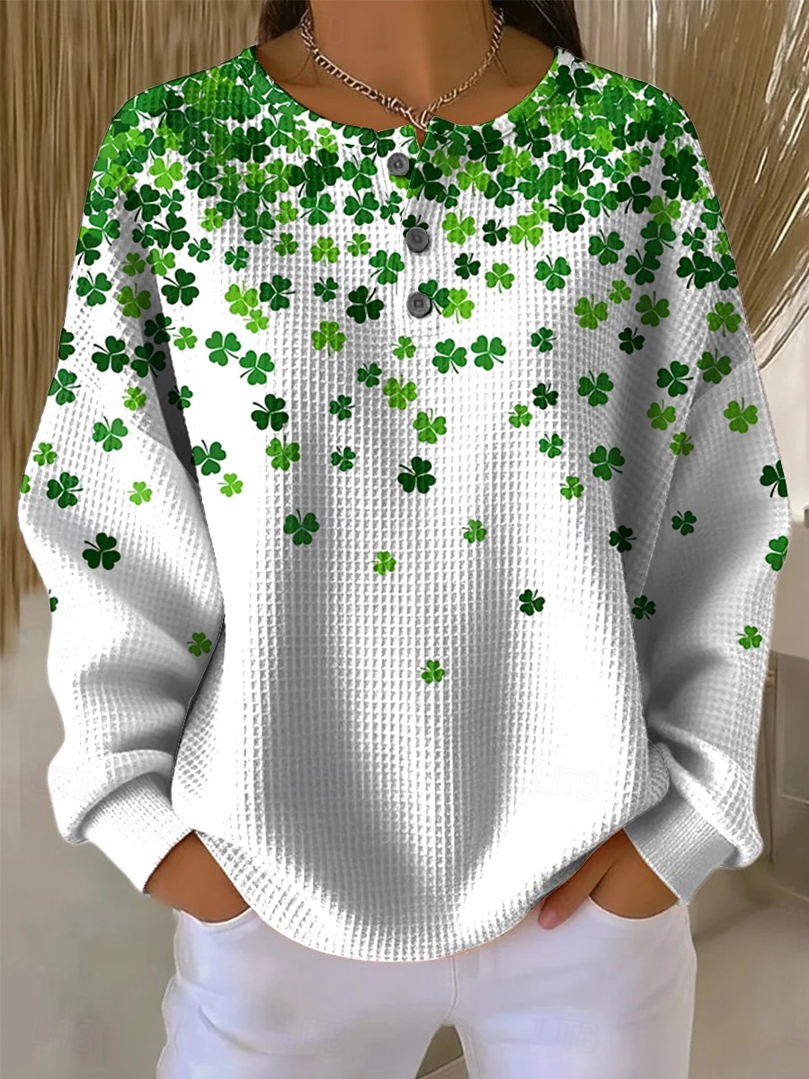 سويت شيرت نسائي من سانت باتريك بمناسبة يوم القديس باتريك برسومات شامروك، دافئ، كلاسيكي، غير رسمي، بأكمام طويلة، رقبة دائرية، أعلى عادي، ملابس يومية، طباعة أزرار، أخضر 2026 - $26.99 –P4