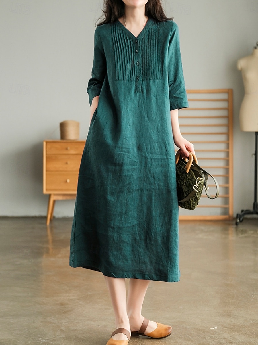 Per donna Abito Midi Abiti effetto lino Abito a Tubino Abito Estivo Casual Quotidiano Vestibilità comoda Semplice Manica 3/4 Scollo a V Blu Arancione Verde Beige Estate Autunno del 2026 a $32.99 –P12