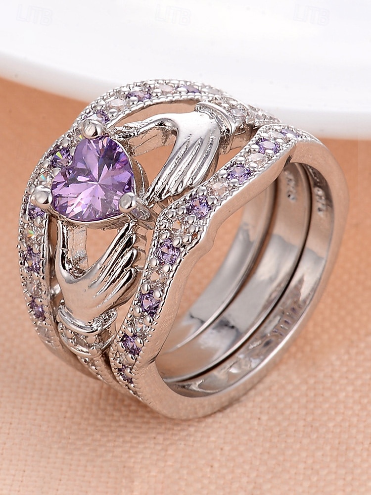 Damesringenset met 3-in-1 hartvormige amethist, gemaakt van legering, verkrijgbaar in meerdere kleuren, elegant ontwerp voor bruiloften, Valentijnsdag en feestjes. 2026 - $11.99 –P6