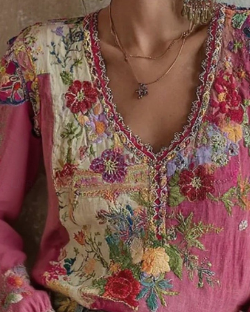 Pentru femei Cămașă Cămașă Boho Bluză Brodat Floral Grafic Boemia Epocă Stilat Manșon Lung În V Topuri obișnuite Zilnic Concediu Ieșire Roz trandafiriu Vară Primăvară 2026 - $38.99 –P2