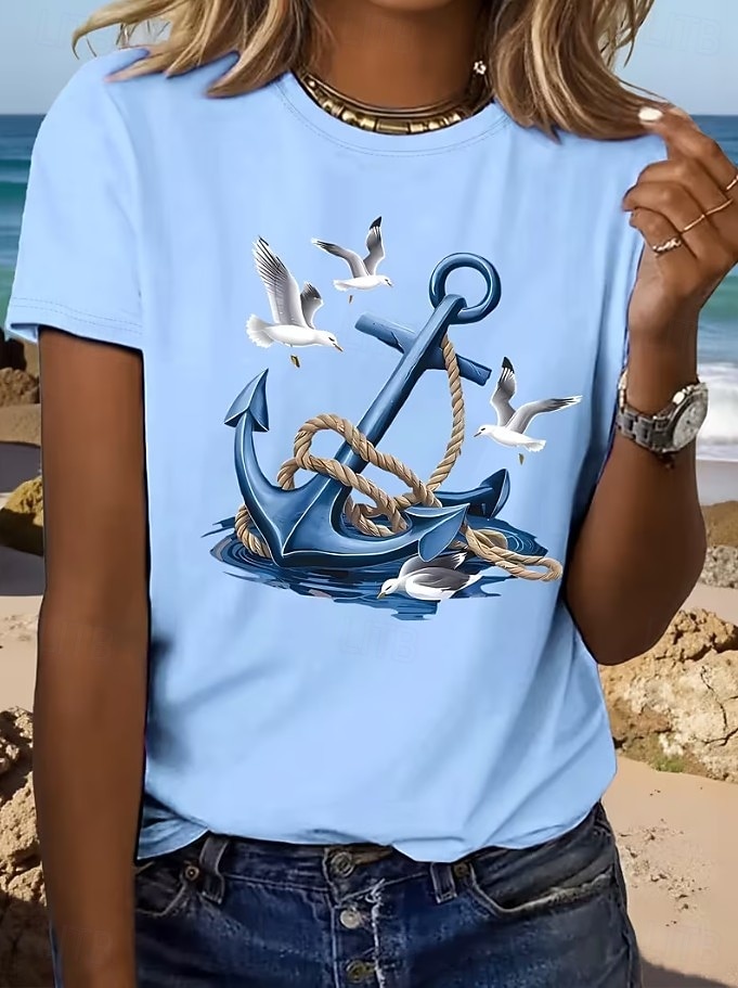 Per donna Maglietta Stampato Grafico Ancora Vintage Elegante Classico Manica Corta Girocollo Top Regolari Quotidiano Weekend Blu Bianco Estate Primavera del 2026 a $22.99 –P1