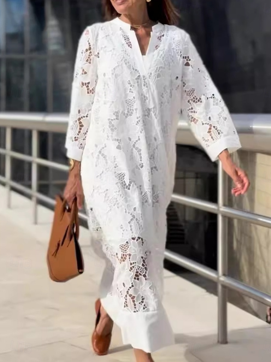 Dames Maxi-jurk Kanten jurk Witte jurk Modieus Modern Buiten Strand Vakantie Ruim Passend Effen Lange mouw V-hals Wit Zomer Lente 2026 - $41.99 –P2