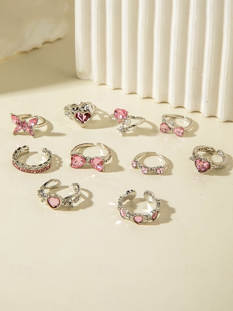 Női ötvözet szív és pillangó gyűrű szett, arany és ezüst, több darab, tökéletes Valentin-napi ajándéknak vagy mindennapi viseletnek 2026 - $11.99 –P6