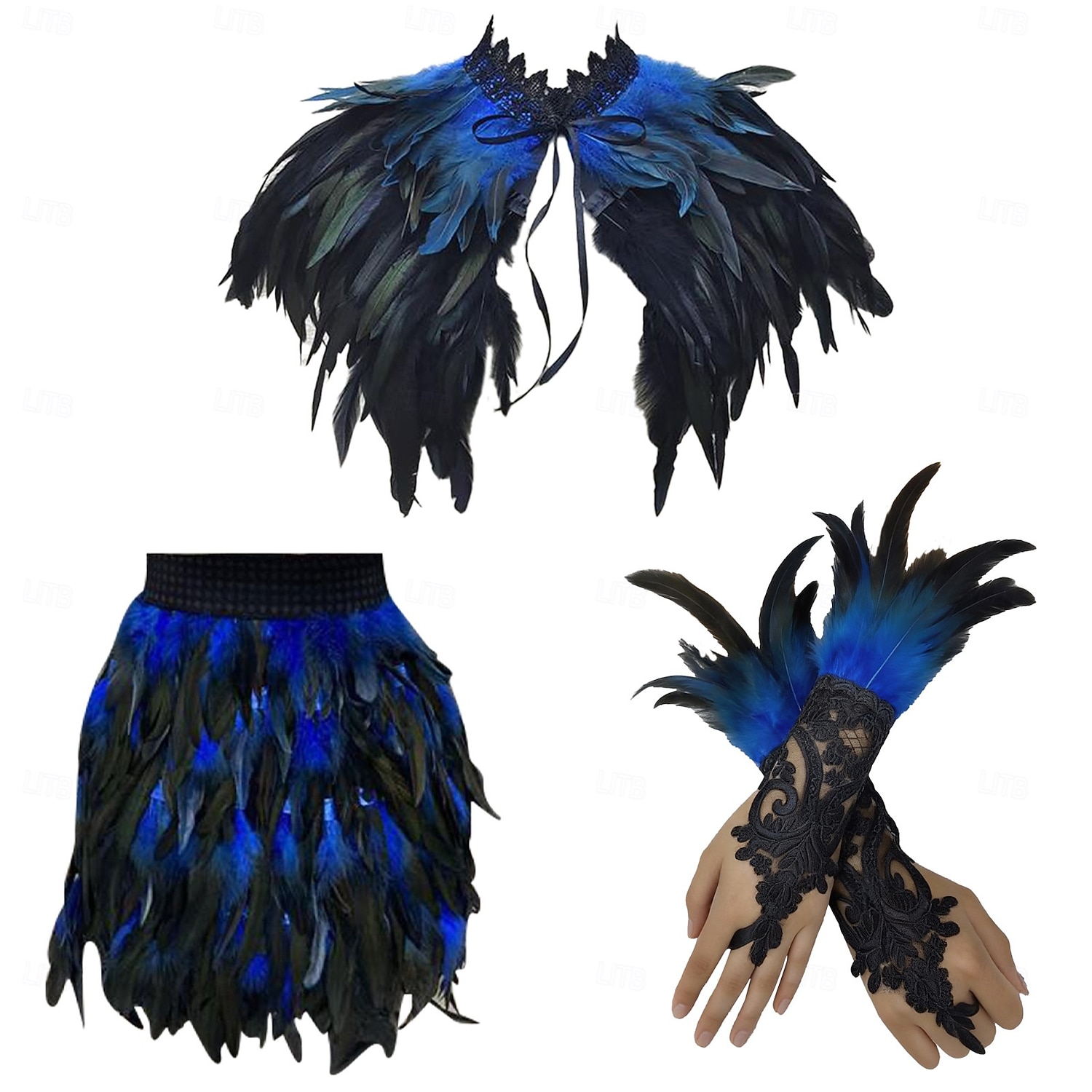 Carnaval 2026 Rio Carnaval Samba Accessoires 3-delig Vrouwen Veer Kostuum Set Gotische Veer Cape Sjaal Mini Rok  Lange Kant Polsmanchetten Brazilië Festival Performance Kostuum 2026 - $65.99 –P8