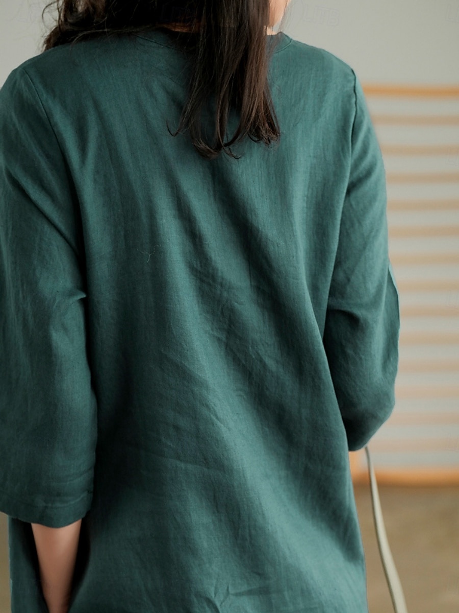 Per donna Abito Midi Abiti effetto lino Abito a Tubino Abito Estivo Casual Quotidiano Vestibilità comoda Semplice Manica 3/4 Scollo a V Blu Arancione Verde Beige Estate Autunno del 2026 a $32.99 –P14