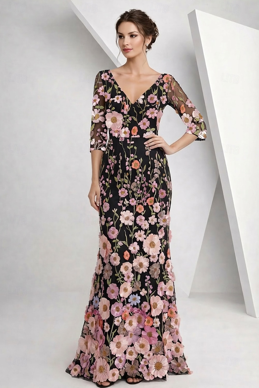 A-Line Floor Length Mother of the Bride Dress Half Sleeve V Neck Elegant Vintage Formal Lace Tulle with 3D Flowers Embroidery Flower 2026 - $186.99 –P3