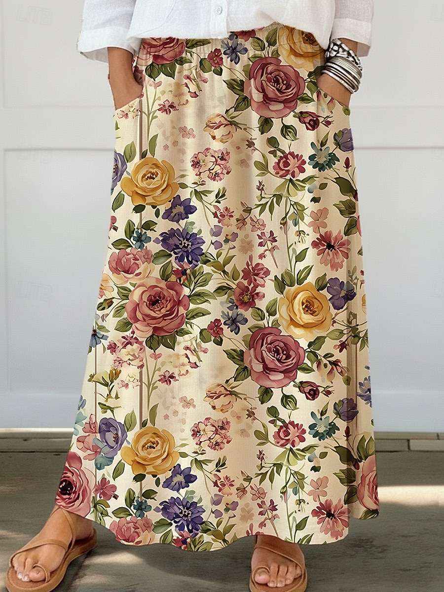 gonna da vacanza da donna bohémien vintage casual maxi gonne a vita media stampa floreale anelastica quotidiana strada gialla estate del 2026 a $33.99 –P3
