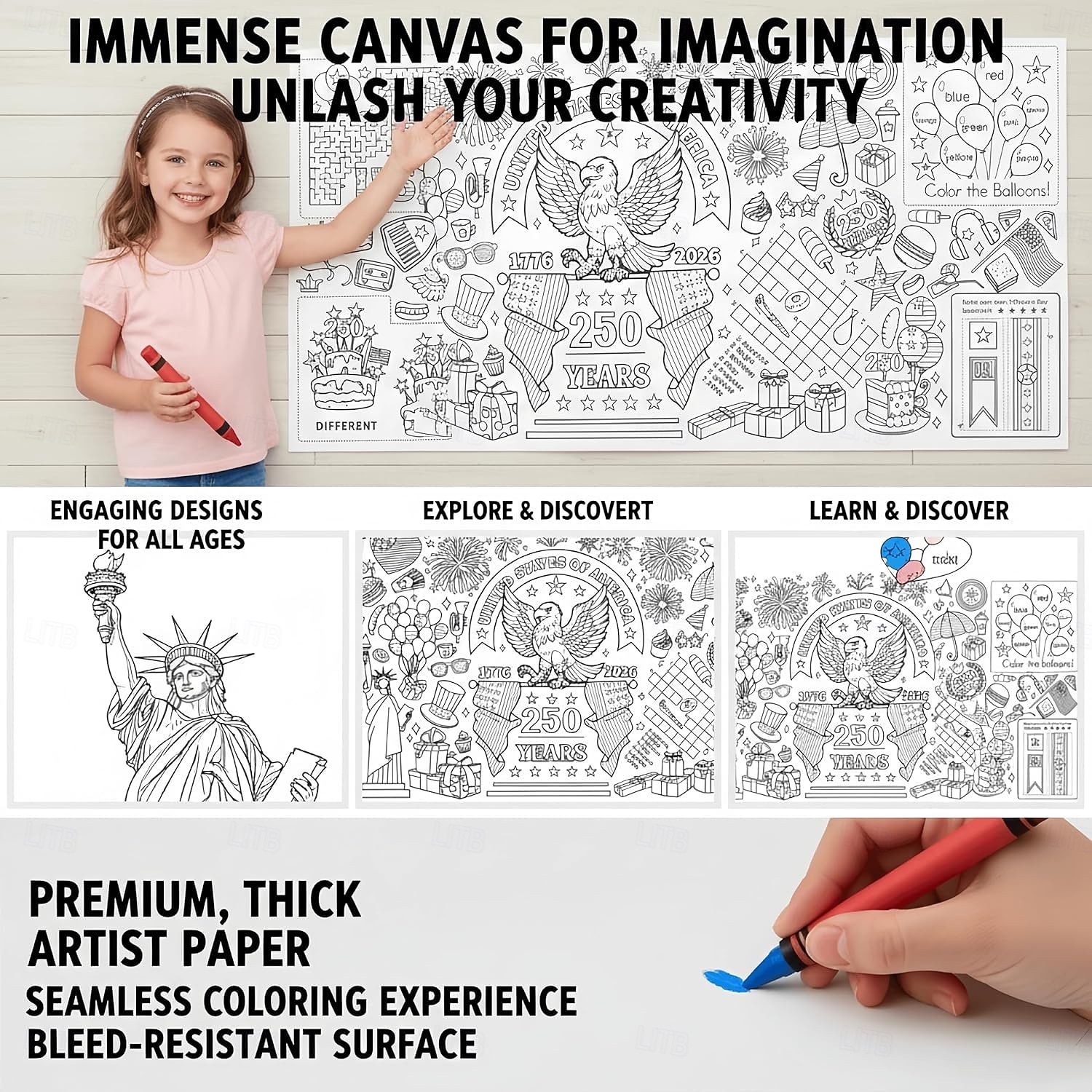 Раскраска к 250-летию США, размер 31*72 дюйма, тематическая раскраска к 250-летию для класса, дня рождения, вечеринки в честь Дня независимости Америки, универсальное использование в качестве настенного декора или скатерти. 2026 - $9.99 –P9