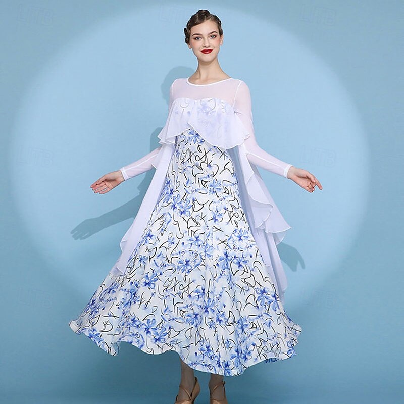 abito da ballo da sala da donna con fiori, in rete trasparente, a maniche lunghe, con volant sovrapposti, abito da competizione moderno standard, bianco e blu del 2026 a $149.99 –P2