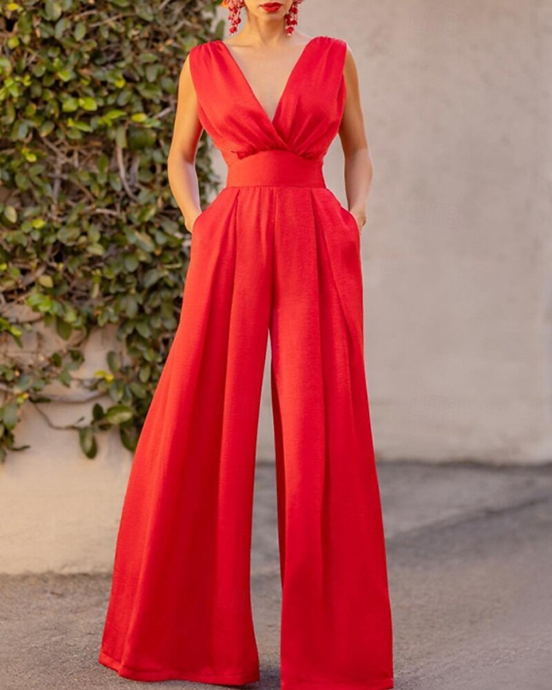Per donna Normale Tuta Elegante Tinta unica Senza Maniche Gamba larga Scollo a V Pieghettato Vacanza Ferie Vestibilità regolare Nero Verde militare Rosso Estate del 2026 a $33.99 –P5
