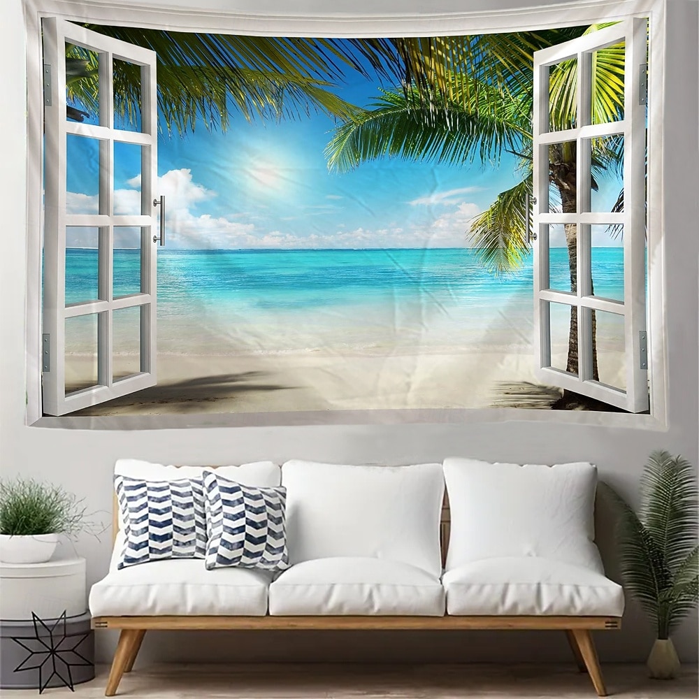 3D gobelín s výhledem z okna, pláž, falešné okno, oceán, nástěnná dekorace, tropické palmy, pobřežní krajina, do obývacího pokoje, místnost na jógu. 2026 - $20.99 –P6