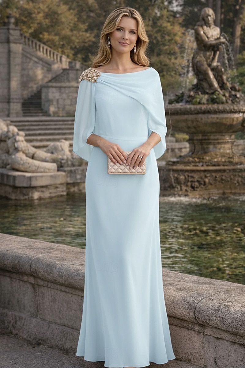 Linea ad A Abito Lunghezza al pavimento Abito da invitata a nozze Abito Formale Abito da sera Abito da cerimonia per signora Manica 3/4 Scollo a Barca Elegante Semplice Minimalista Formale Chiffon del 2026 a $149.99 –P4