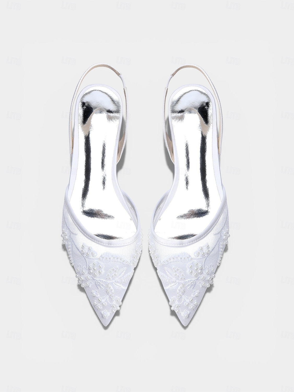 damskie granatowe, siateczkowe, płaskie buty typu slingback, zdobione perłami, ze spiczastym noskiem, dla druhen na wesela w ogrodzie 2026 - $59.99 –P3