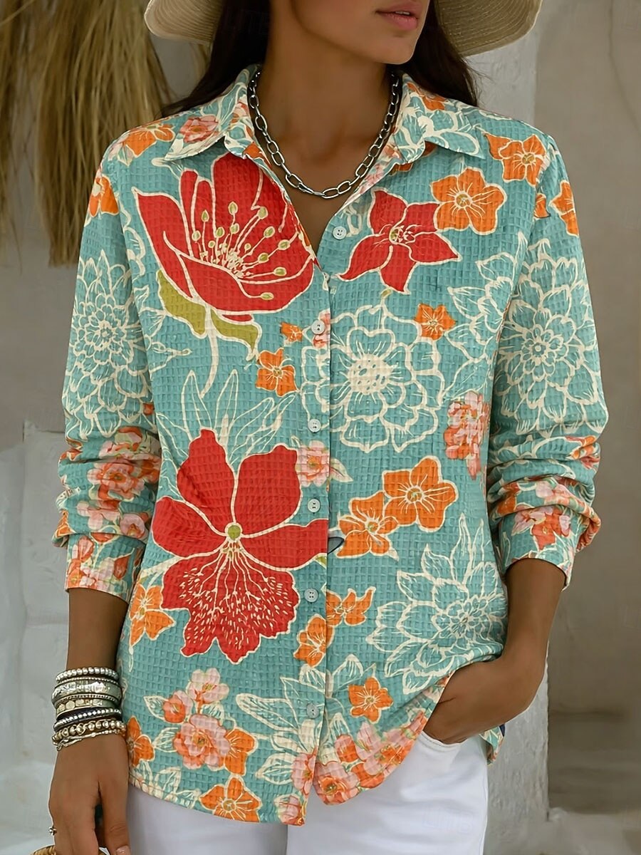 Γυναικεία Πουκάμισο Κουμπιά Στάμπα Γραφική Αφηρημένο Βίντατζ Στυλάτο Μοντέρνα Μακρυμάνικο Κολάρο Πουκαμίσου Κανονικά μπλουζάκια Καθημερινά Θαλασσί Πορτοκαλί Πράσινο του τριφυλλιού Καλοκαίρι Άνοιξη 2026 - $32.99 –P3