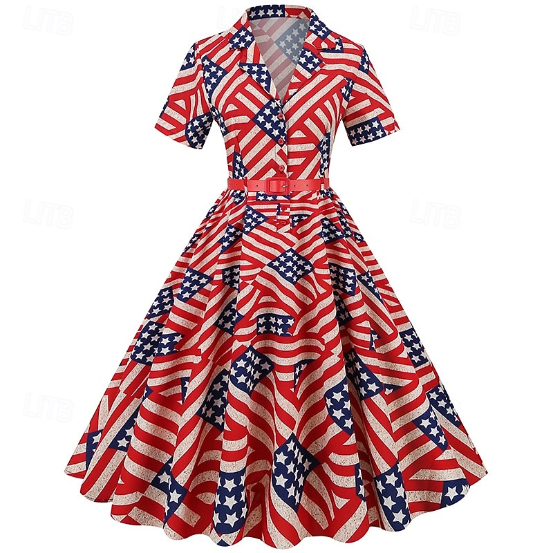 250º Aniversario de EE. UU. 1950s Retro Antiguo Mediodía Vestidos Vestido swing Vestido acampanado Mangas cortas Ajustado / Acampanado Columpio Disfraz Mujer 4 de julio Día de la Independencia Adulto 2026 - $34.99 –P1