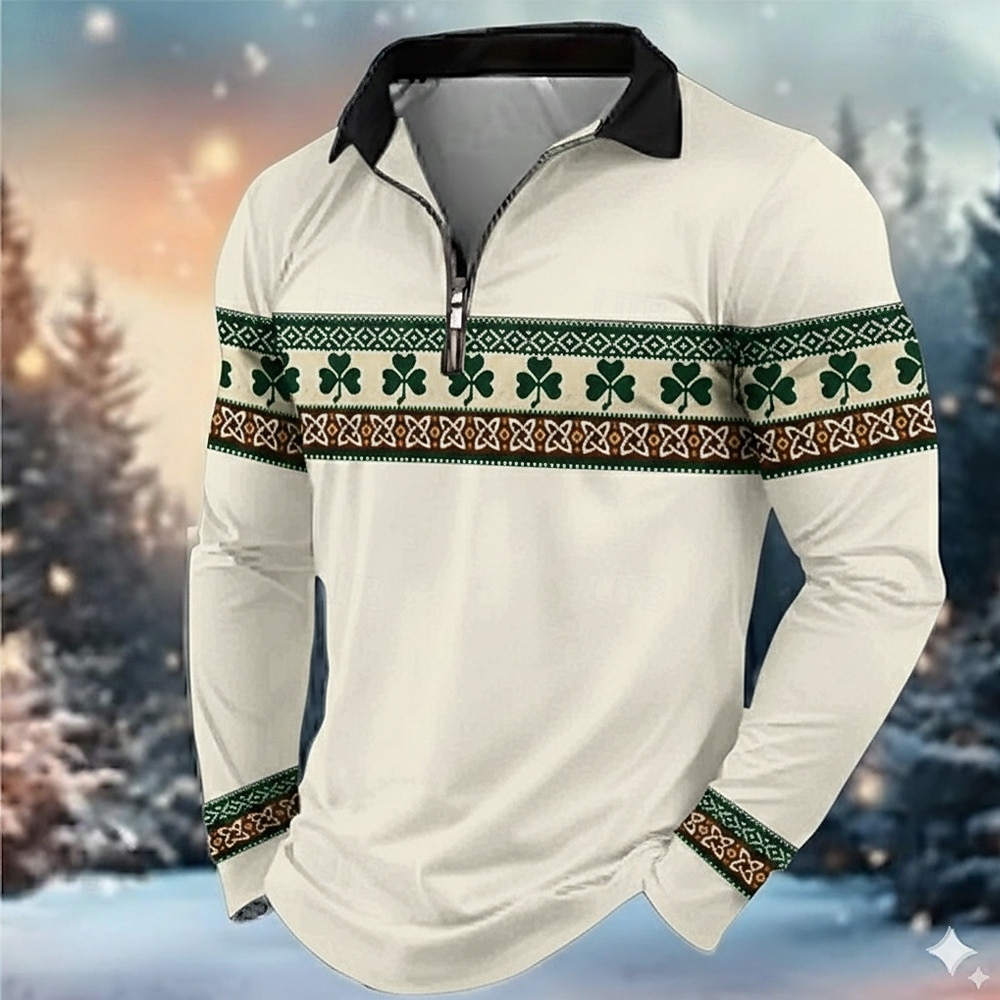 St Patrick's Day Men's Shamrock Polo Long Sleeve Turndown Modern Leisure Athleisure Casual Daily Festival Zipper 3D Print Spring Fall Black White Green 2026 - $21.99 –P3