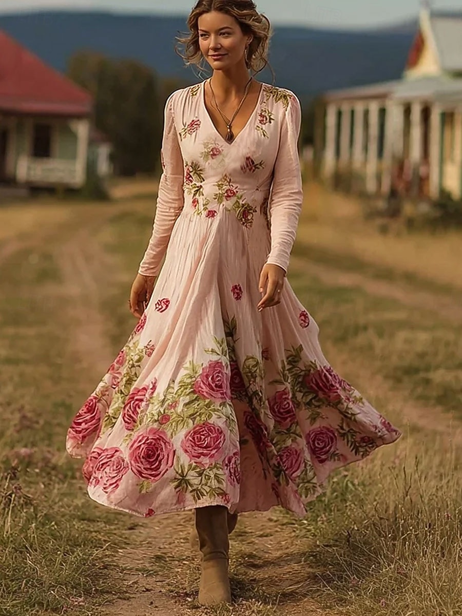 Per donna Abito Midi Abito a trapezio Festa Casual Boho Data Vestibilità regolare Floreale Grafico Manica Lunga Scollo a V Rosa Estate Primavera del 2026 a $41.99 –P1