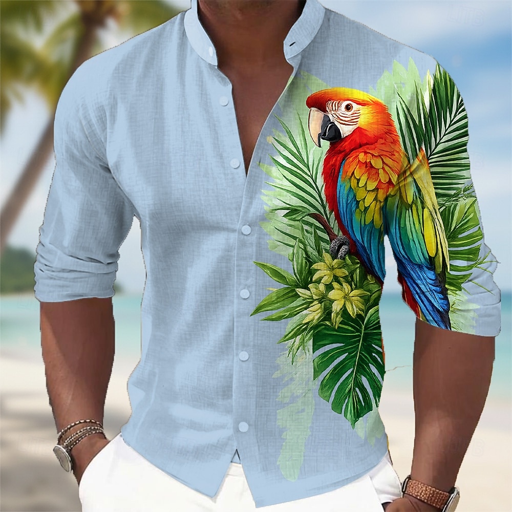 Men's Tropical Flowers Parrot Palm Leaf Shirt Hawaiian Shirt Stand Collar Shirt Long Sleeve Hawaiian Casual Vacation Spring Fall Mandarin Collar Band Collar 3D Print Button Up Shirts Blue Khaki Light 2026 - $27.99 –P3