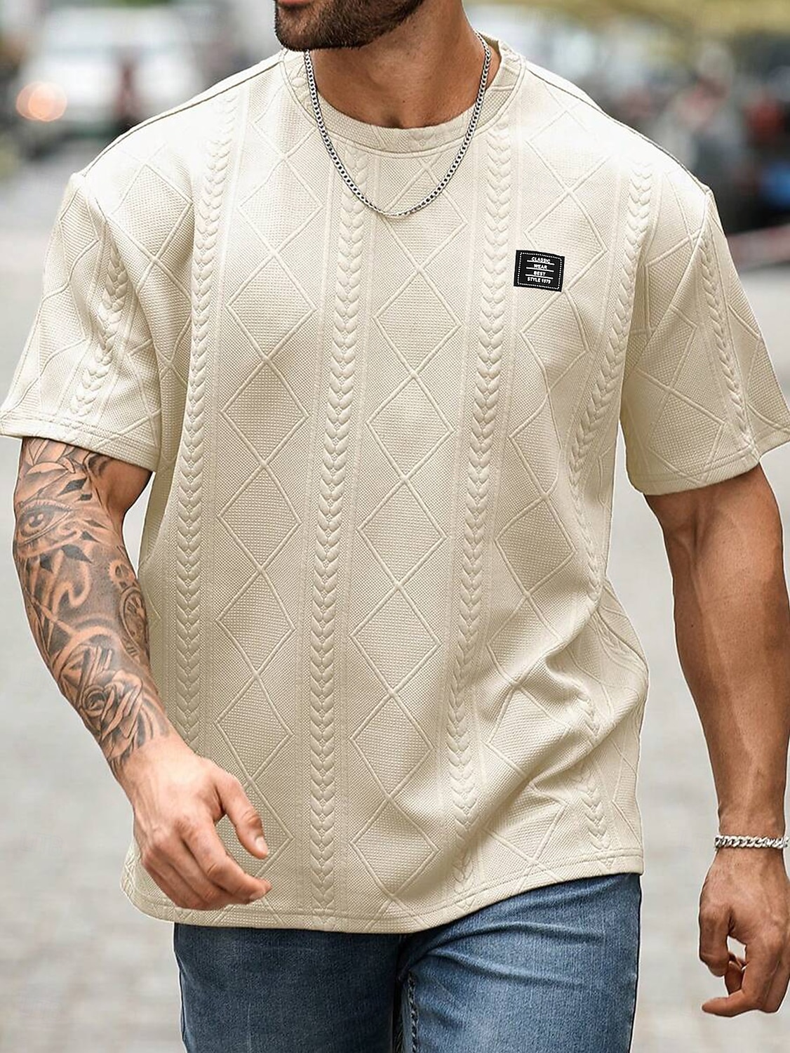 Herren T Shirt T-Shirt Kurzarm Rundhalsausschnitt Sommer Frühling Frühling & Sommer Einfarbig Geometrisch Texture Streetwear Stilvoll Lässig Jacquard Lässig Täglich Outdoor Weiß Schwarz Rosa Top 2026 - $20.99 –P9