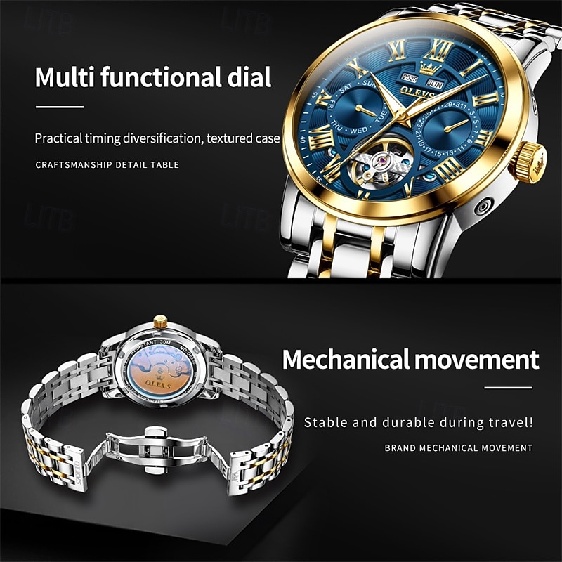 Новые мужские деловые часы Olevs с люминесцентным дисплеем, вечным календарем, календарем и отображением недели. Полностью механические часы с полым ротором для повседневного использования, 2026 - $97.99 –P14