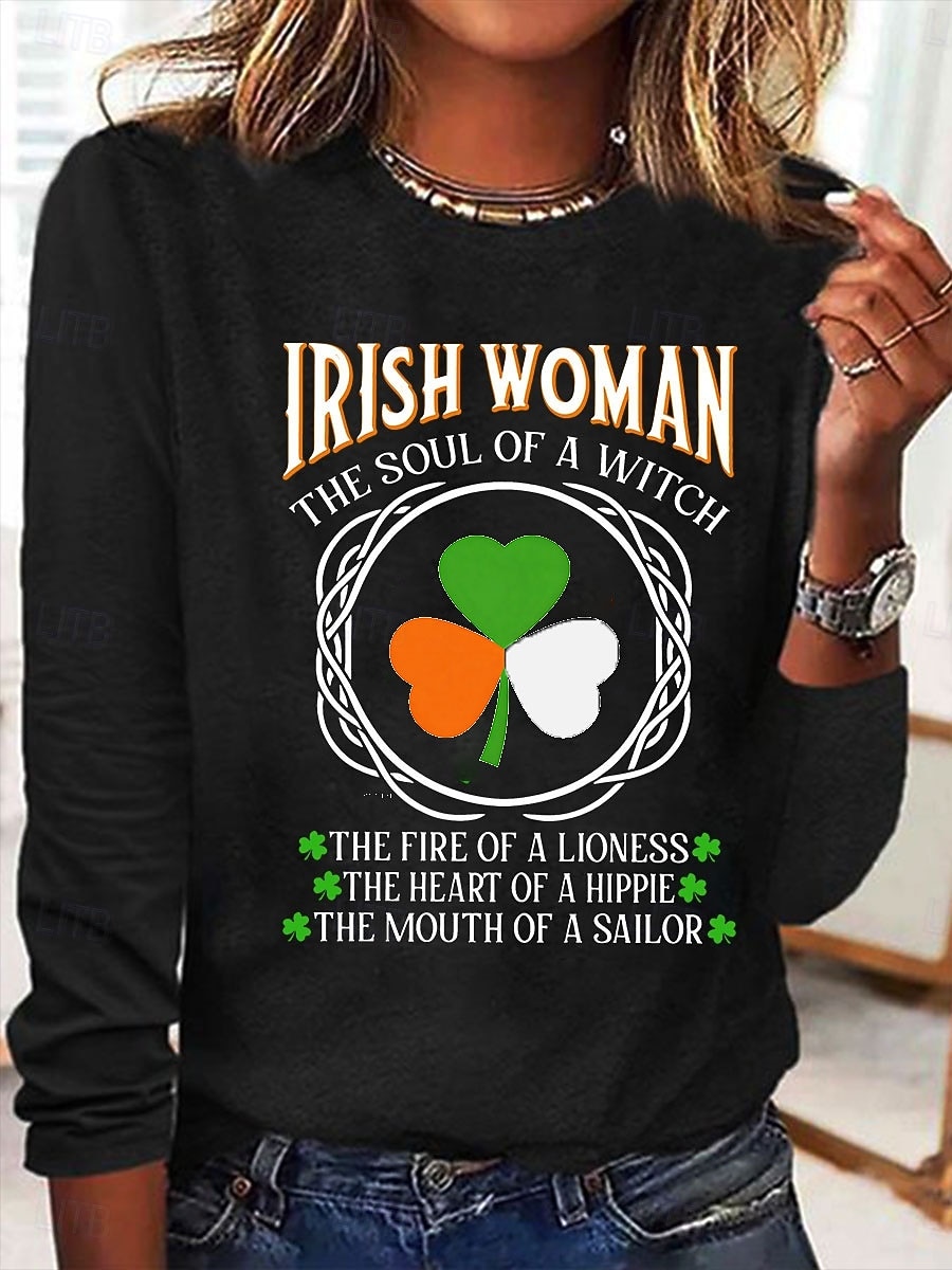 T-shirt da donna per il giorno di San Patrizio Graphic Shamrock Lettera Stilosa Classica Casual a maniche lunghe Collo tondo Tops normali Stampa Daily Blu Nero Bianca Rosa Beige Primavera Autunno del 2026 a $24.99 –P3