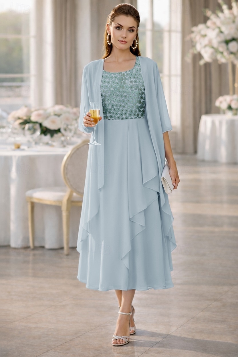 Zweiteilig A-Linie Tee-Länge Kleid für Hochzeitsgäste Brautmutterkleid Halbarm Rundausschnitt Elegant Formell Kentucky Derby Semi-Formal Chiffon Kurze Jackenkleider mit Stickerei Applikationen 2026 - $182.99 –P4