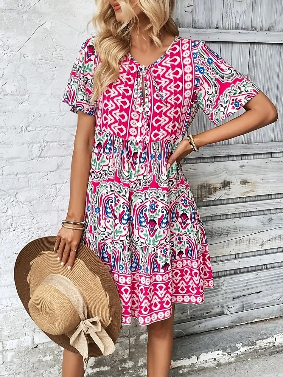 Dames Mini-jurk strand jurk A lijn jurk Bloemetjesjurk Elegant Modieus Modern Dagelijks Buiten Vakantie Normale pasvorm Geometrisch Korte mouw V-hals blauw Rood Marine Blauw Oranje Zomer Lente Herfst 2026 - $21.99 –P5