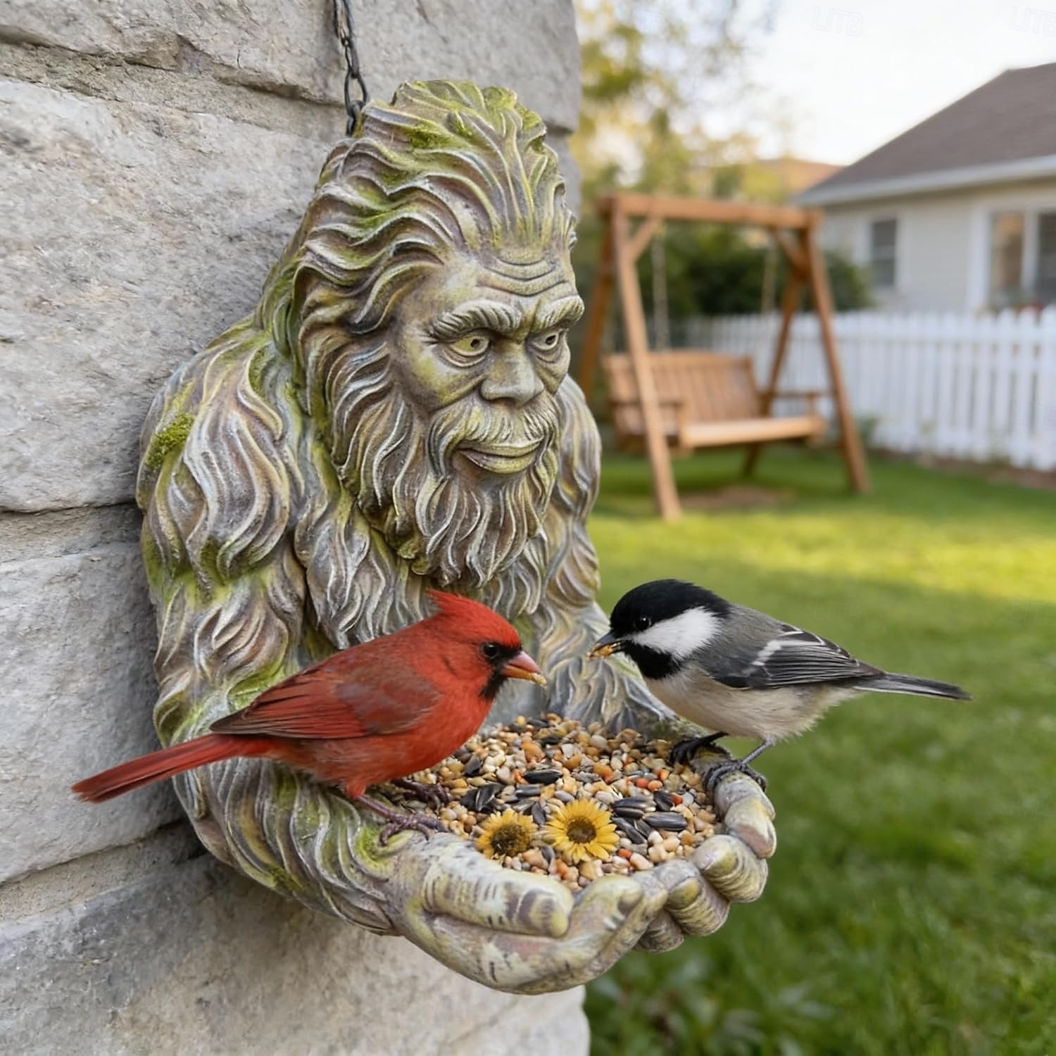 Bigfoot fuglemater, vanntett utendørs skulptur med palmeskål &skjult nøkkelhullshenger, tremontert/hengende hagedekor for fugletitting i hagen, for naturelskere 2026 - $25.99 –P2