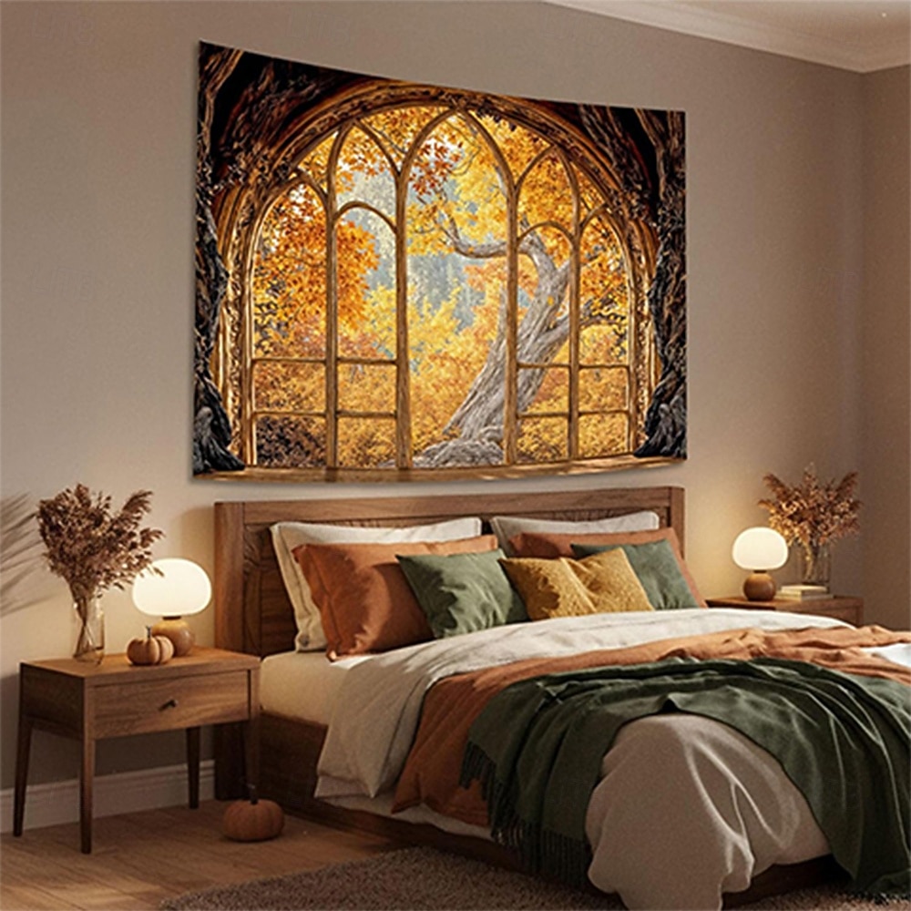 3D-bibliotekteppe veggteppe vintage bokhyllemønster stor stoffveggkunst buet vindu skogutsikt romdekor til stue/studie 2026 - $19.99 –P10