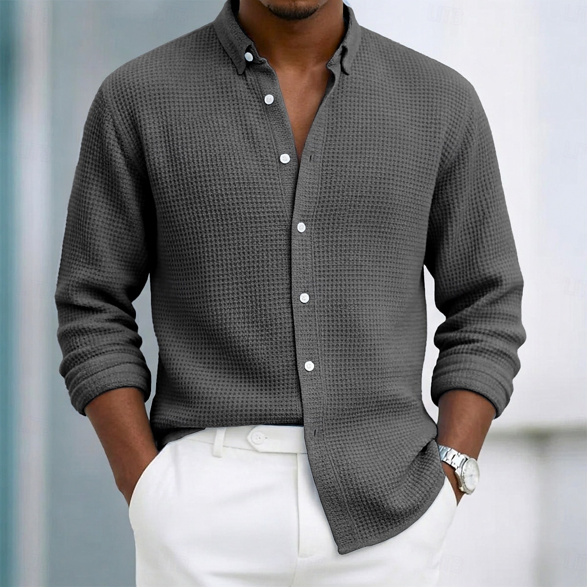 Bărbați Cămașă Cămașă Waffle Cămașă casual Camașă cu nasturi Negru Alb Roșu Vin Bleumarin Maro Manșon Lung Simplu Rever Casual Zilnic Îmbrăcăminte Modă Șic Stradă Smart casual 2026 - $29.99 –P7
