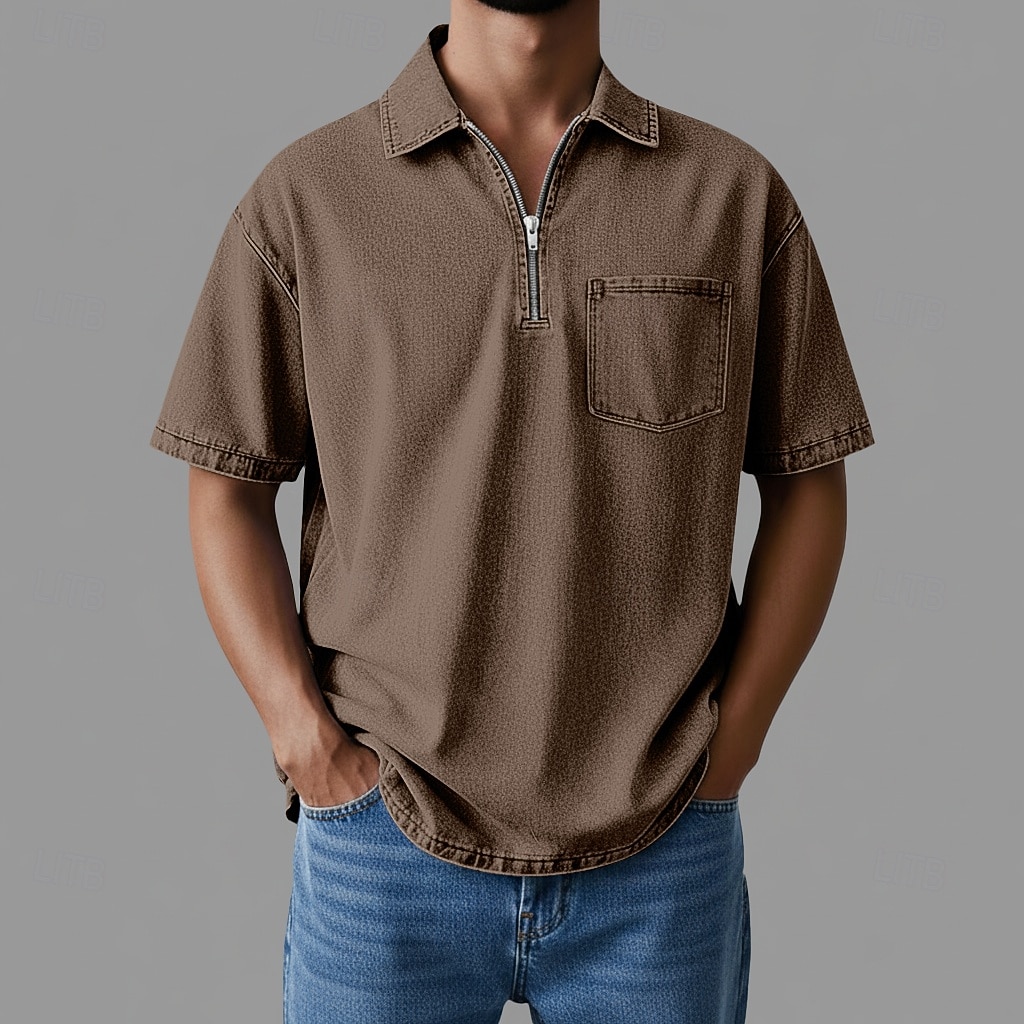 Polo de cremallera SoftFade™ Camiseta de Algodón para Hombre Ropa diaria Cita Media cremallera Manga corta Moda Básica Lisa Bolsillo con cremallera Primavera y Verano Ajuste regular Negro Rosa Marrón 2026 - $35.99 –P4