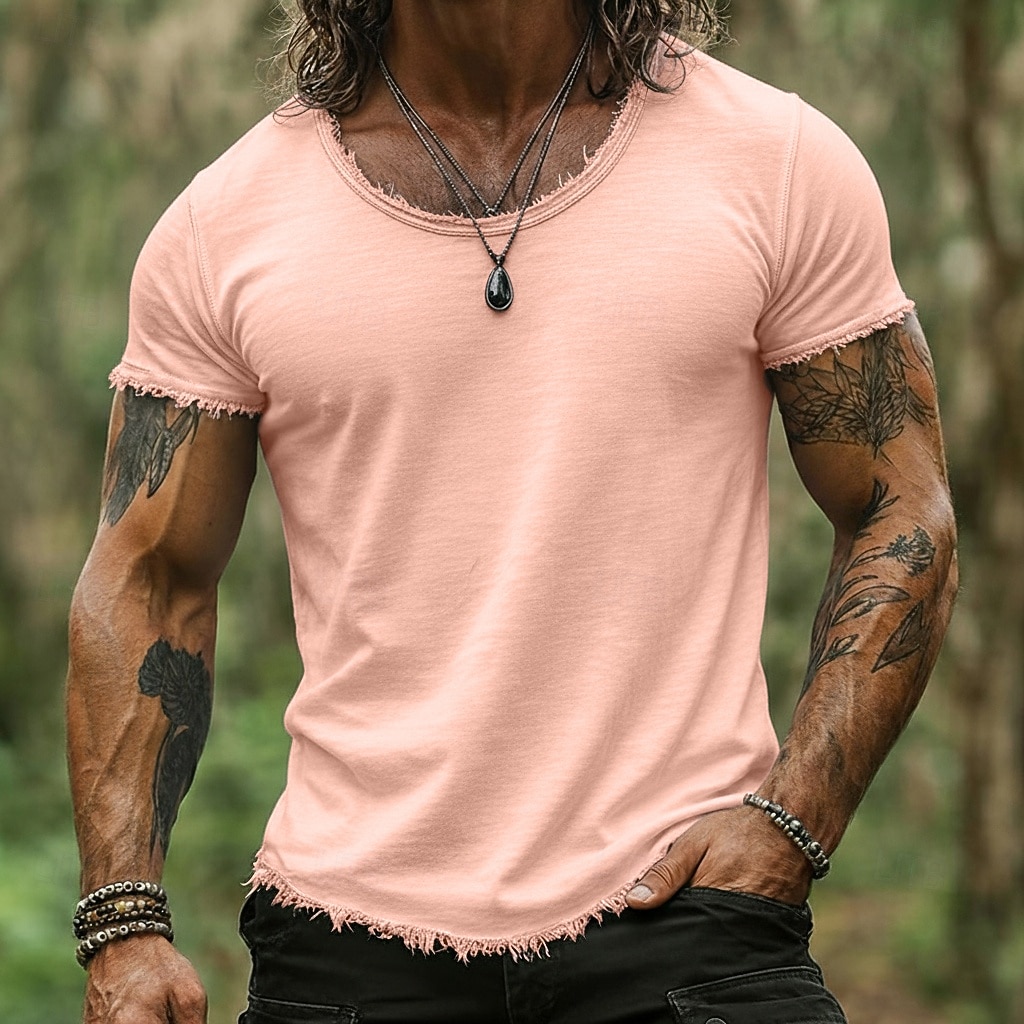 Herre T-skjorte T-skjorte i lin Kortermet Kort Erme Crew-hals Sommer عادي Mote Designer Grunnleggende Myk Rå Kant Avslappet Feriereise Gate Hvit Topp T-skjorte for menn 2026 - $21.99 –P8