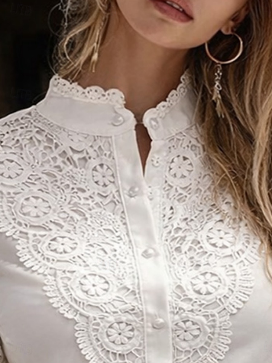 Femmes Chemisier Dentelle Patchwork Boutons Couleur Unie Élégant Basique Occasionnel manche longue Col haut Hauts Réguliers Quotidien Travail Blanche Printemps Automne de 2026 ? $27.99 –P2