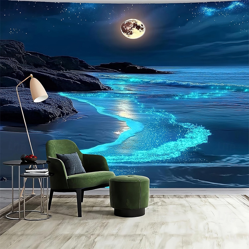 biolumineszcens tengerparti gobelin holdfény óceán hullám éjszakai égbolt csillagos fali dekoráció fantázia tájkép hálószobába nappali lakberendezés 2026 - $20.99 –P3