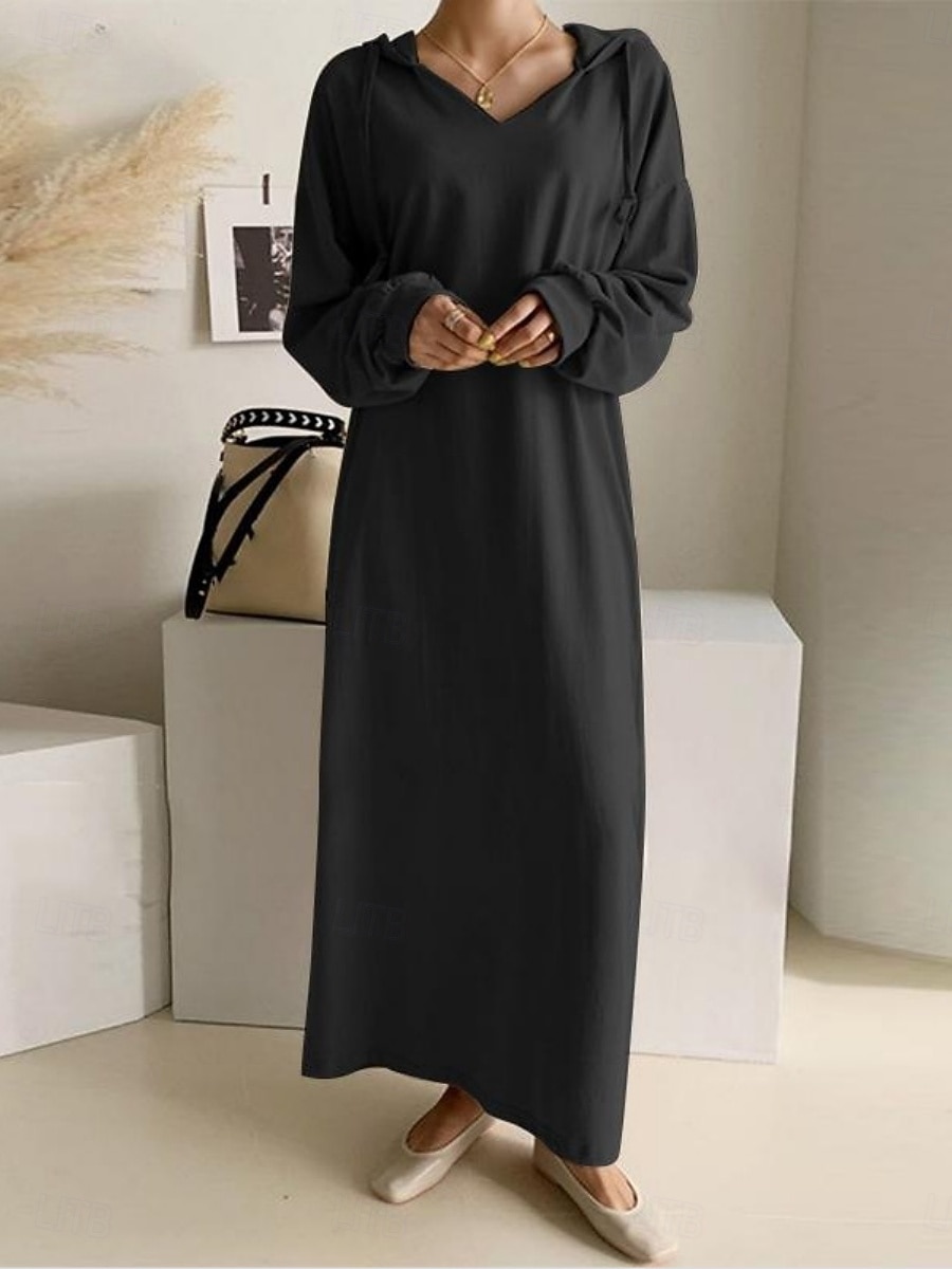 Per donna Abito maxi Abito a Tubino Casual Quotidiano Vestibilità comoda Semplice Manica Lunga Con Cappuccio Nero Marrone chiaro Grigio Primavera Autunno Inverno del 2026 a $25.99 –P4