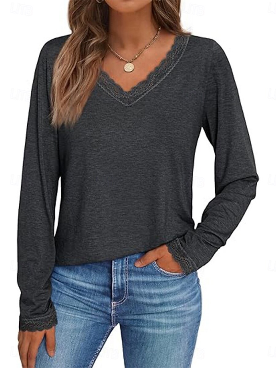 Women's T-Shirt  Solid Color Stylish Casual Long Sleeve V Neck Regular Tops Daily Lace Patchwork Blue Black White Green Dark Gray Spring Fall Winter 2026 - $24.99 –P3