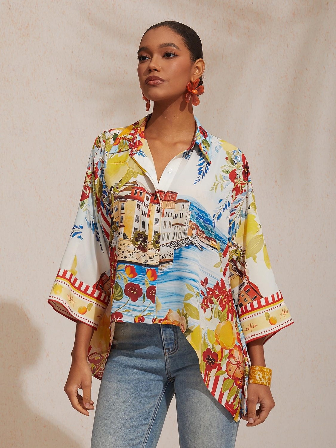 Sommerbluse aus fließendem Chiffon mit malerischem Blumenmuster im Santorini-Stil 2026 - $67.99 –P4