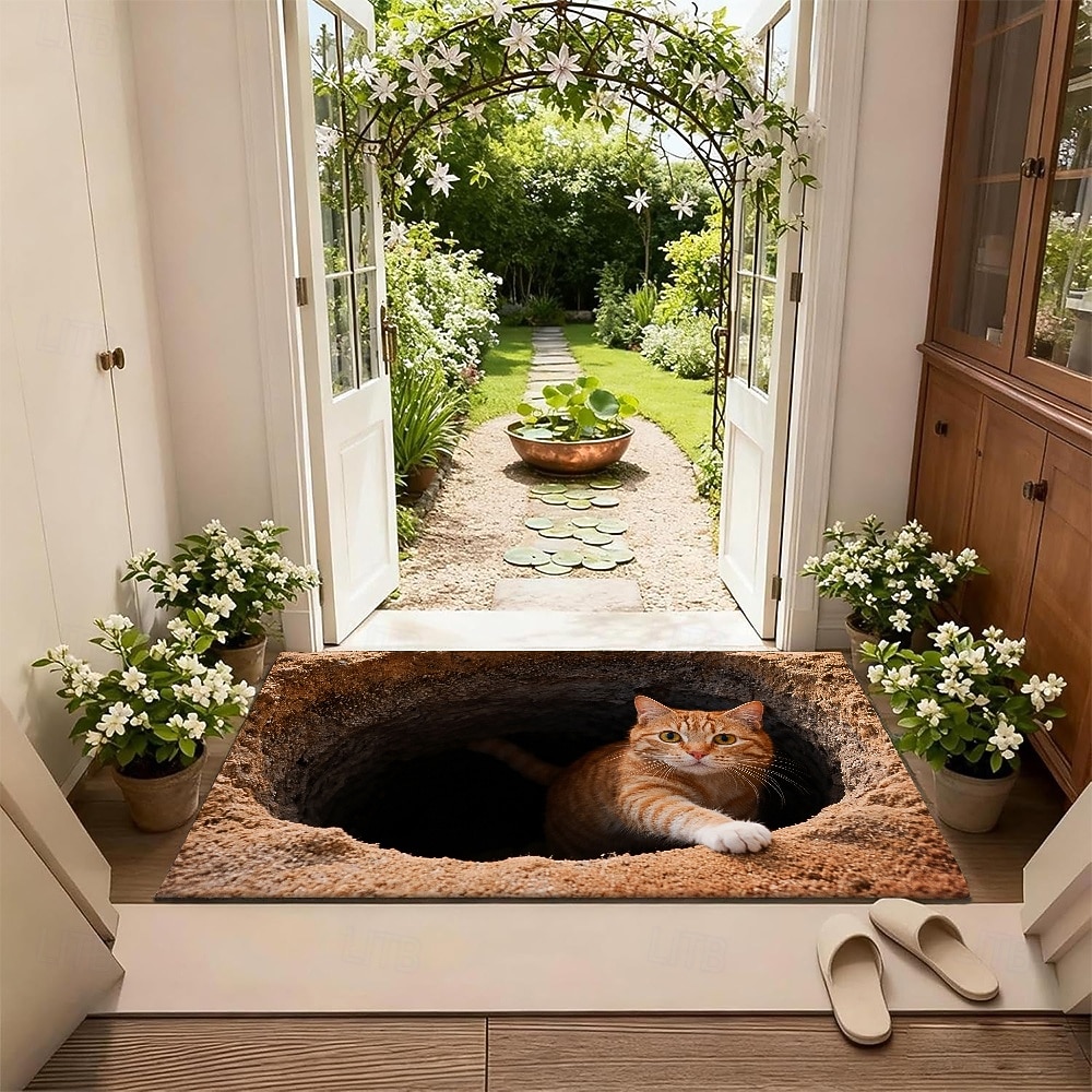 Fußmatte mit 3D-optischer Täuschung einer roten Katze, die aus einem Loch lugt – 2D-Flachdruck-Teppich für verspielte Eingangsbereichdekoration und einladende Willkommensmatte 2026 - $17.99 –P1