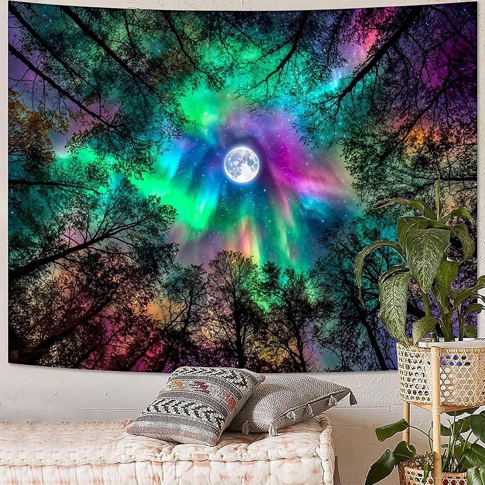 északi fény gobelin telihold erdő fali dekoráció esztétikus galaxis éjszakai égbolt hálószobába nappali jógaterem meditációs tér 2026 - $20.99 –P3