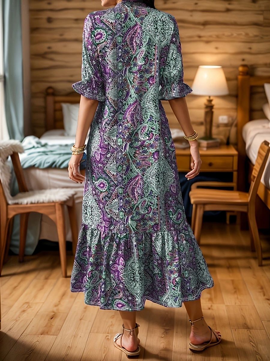 Women's Midi Dress Floral Dress Print Dress Fashion Modern Outdoor Vacation Going out Loose Fit Floral Half Sleeve V Neck Teal Red Purple Summer Spring 2026 - $27.99 –P7