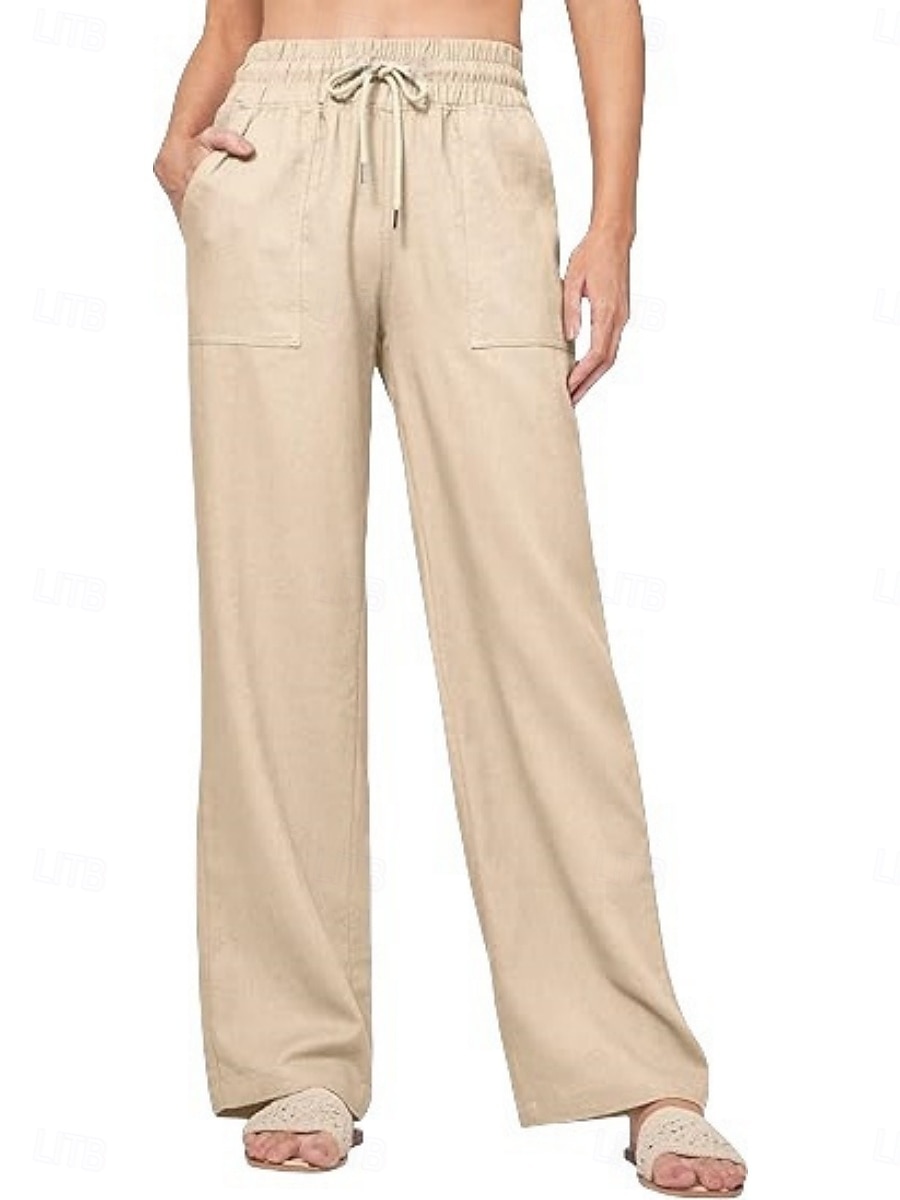 Naisten Puuvillaiset pellavahousut Kiinalainen Kesähousut Suora Loma Perus Vapaa-aika Täyspitkä Korka vyötärö Yhtenäinen väri Tasku Elastinen vyötärönauha Mukava Pehmeä Elastinen ulko- Katu Sininen 2026 - $42.99 –P18