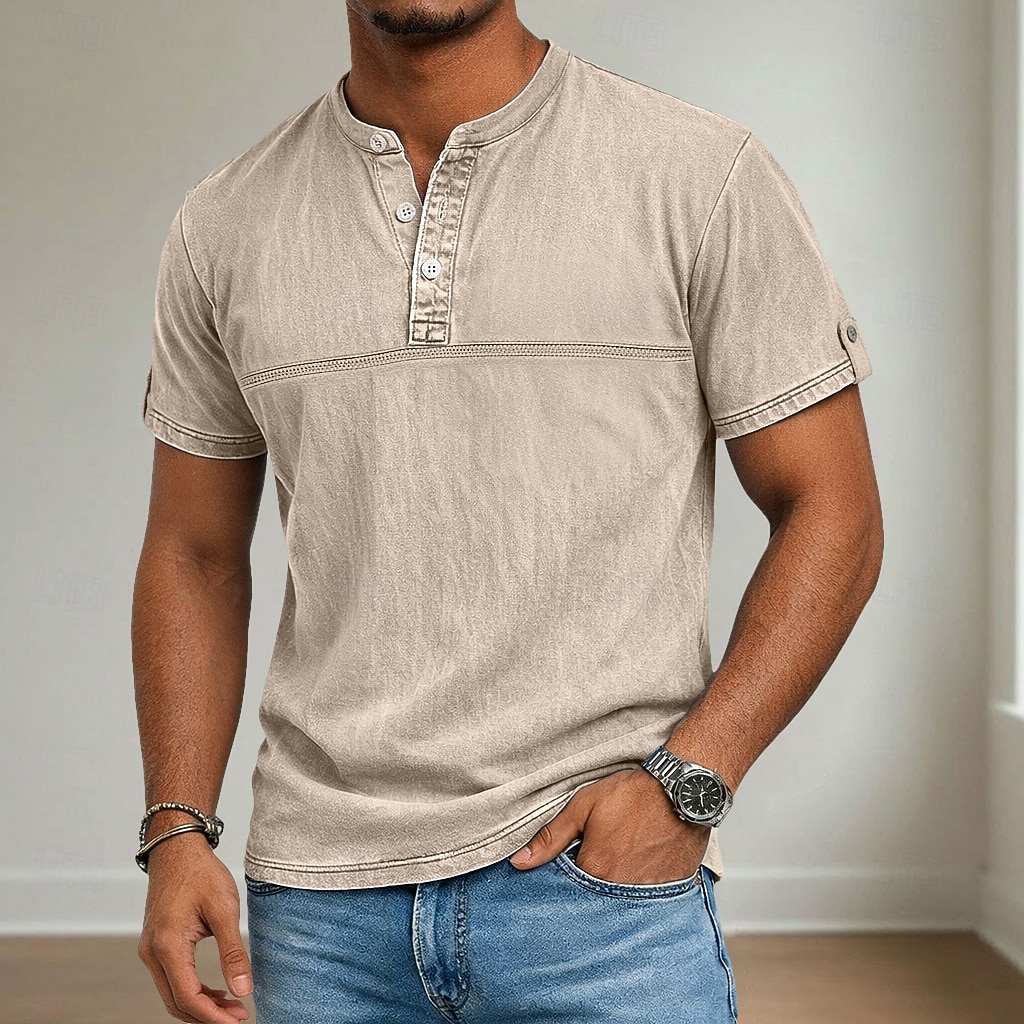 Men's Henley Shirt 100% Cotton Acid Wash Shirt Short Sleeve Henley Summer Spring Fall Plain Retro Vintage Casual Vintage Style Washed Casual Light Blue Dark Brown Black Top Tee for Men 2026 - $31.99 –P3
