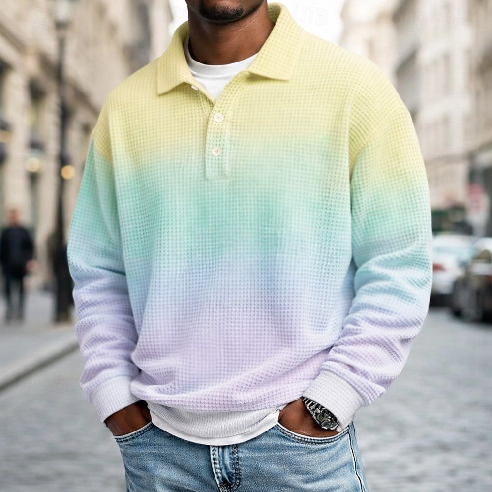 Муж. Градиентная рампа Рубашки-поло из вафельной ткани Длинный рукав Футболки поло Лацкан Спортивная одежда На каждый день Школа Одежда для спорта и отдыха На каждый день 3D печать Весна Осень Зима 2026 - $28.99 –P4