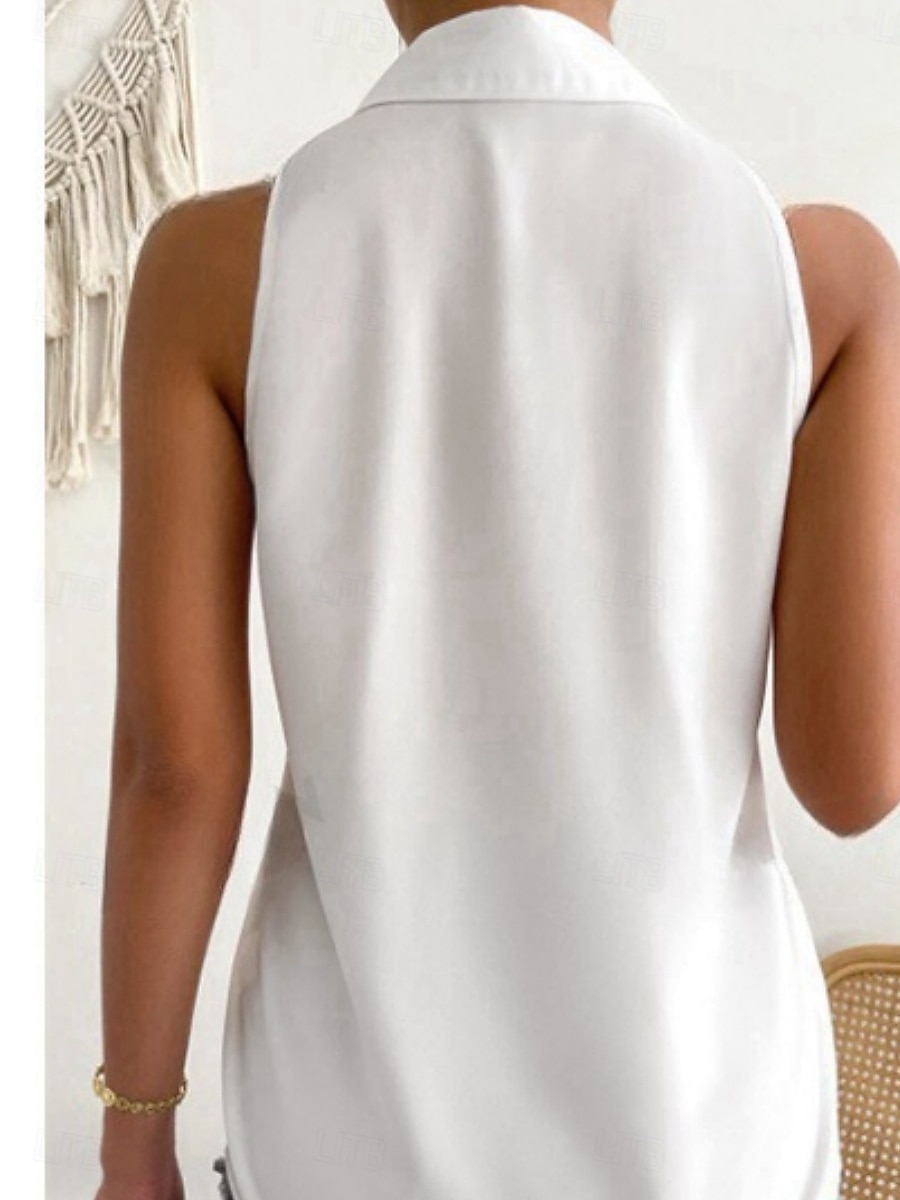Dames Satijnen overhemd Kampshirt Met ruches Effen Kleur Elegant Stijlvol Casual Mouwloos Overhemdkraag Normale tops Dagelijks Zwart Wit Paars Oranje Beige Zomer Lente 2026 - $22.99 –P2