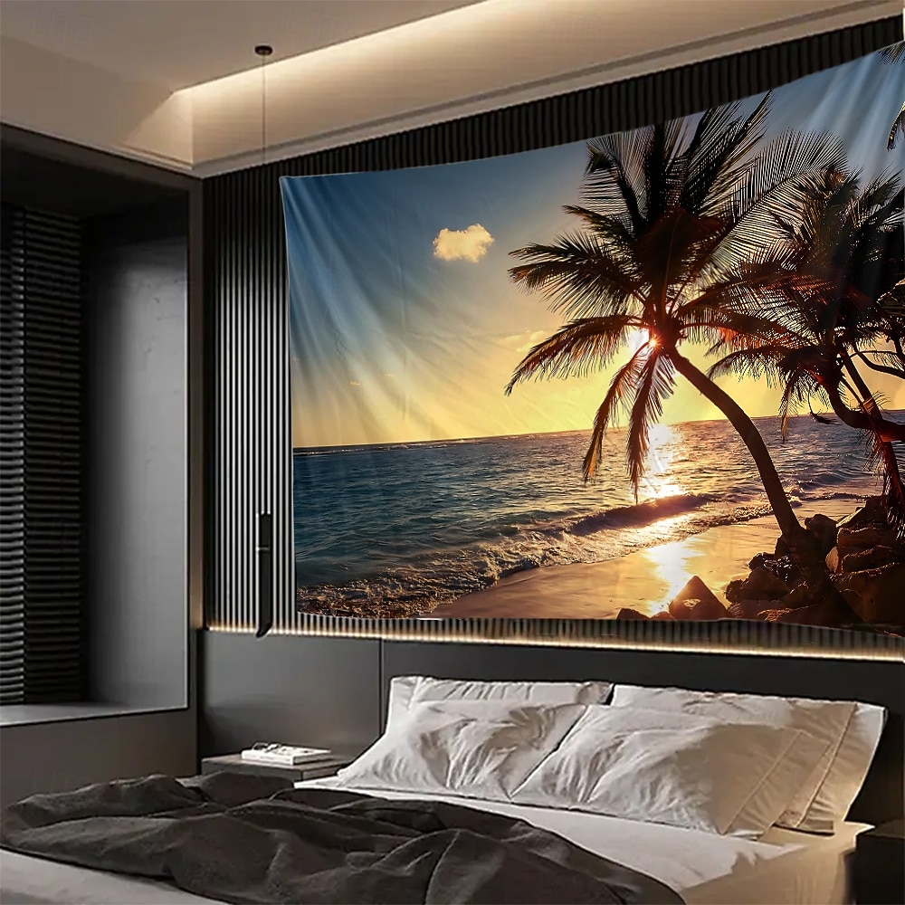 solnedgang strand billedteppe veggteppe hav sjøbølger solstråler natur landskap veggkunst til stue yogarom meditasjonsrom dekor 2026 - $16.99 –P5