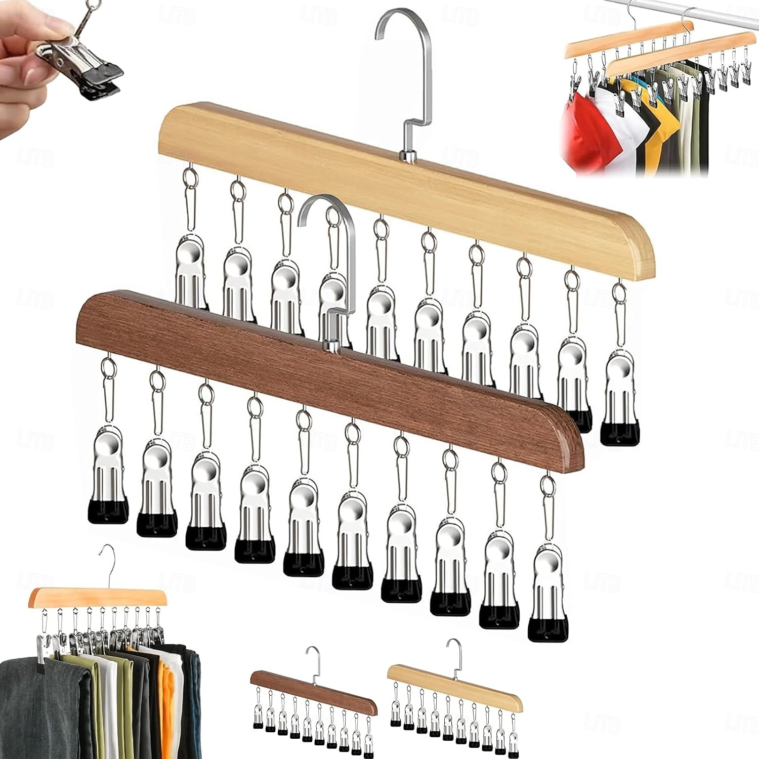 Набор из 2 органайзеров для шкафа с 10 зажимами — компактный подвесной органайзер для шкафа, металлические зажимы с силиконовой подкладкой, вращающиеся на 360°, многофункциональные крючки для вешалок 2026 - $21.99 –P4