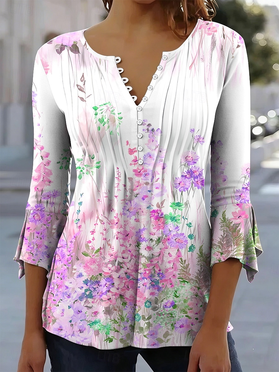Damen T-Shirt Floral Grafik Elegant 3/4 Länge Ärmel V-Ausschnitt Lange Oberteile Täglich Ausgehen Volants Knöpfe Blau Gelb Violett Grün Sommer Frühling 2026 - $26.99 –P4